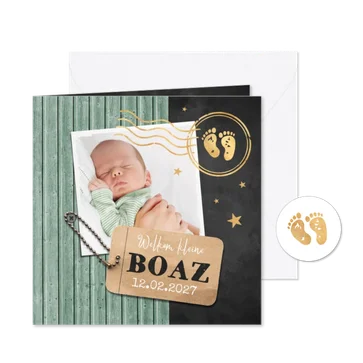 Geboortekaartje houtlook foto label stempel goud groen
